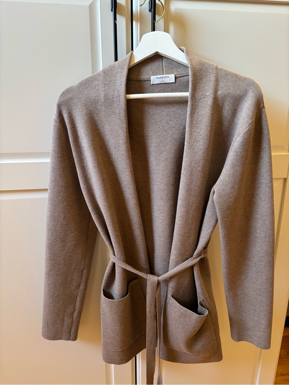 Babaton Taupe Open Belted Shawl Cardigan